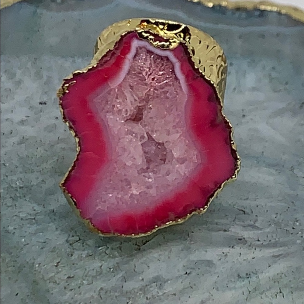 NATURAL DRUZY & AGATE SLICE ADJUSTABLE RING - Picture 1 of 8